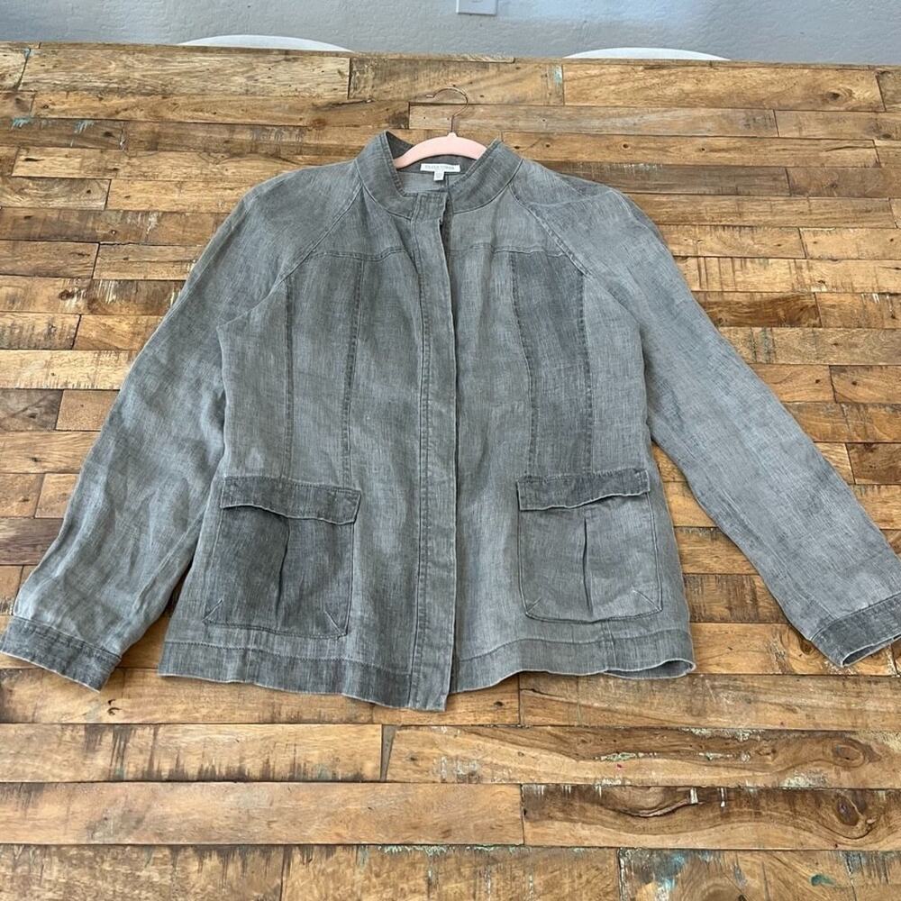 Eileen Fisher Gray Linen Mandarin Stand-Collar Jacket Petite Medium